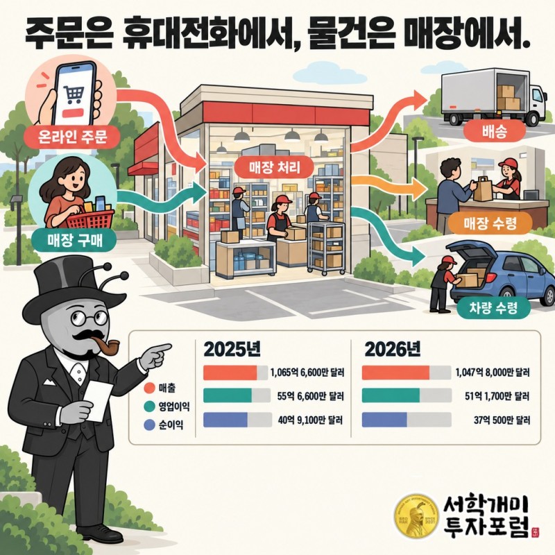 매장 구매와 온라인 주문이 매장 처리로 이어지고 배송·매장 수령·차량 수령으로 나뉘는 흐름