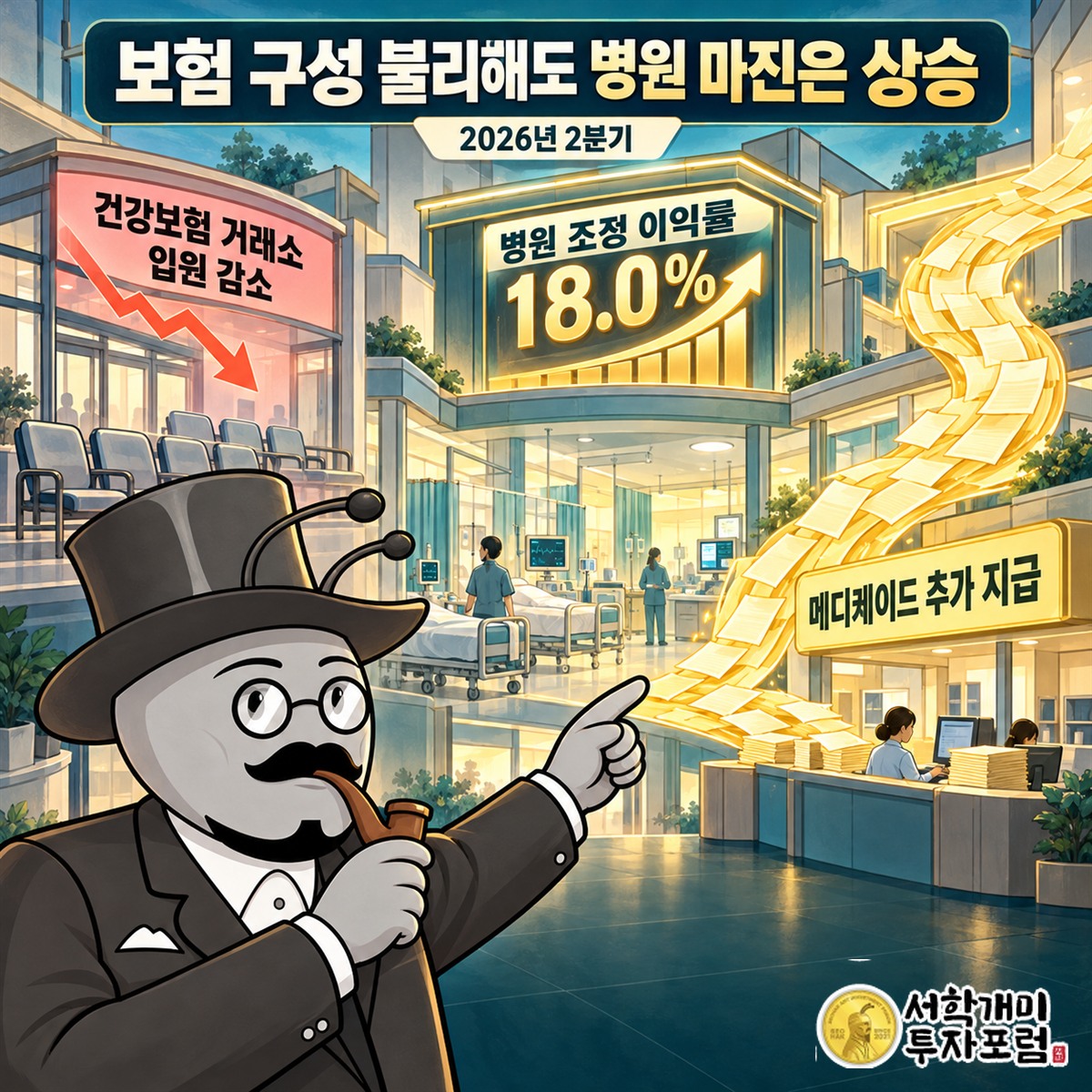 건강보험 거래소 입원이 줄었지만 메디케이드 추가 지급으로 병원 부문 마진이 18.0%로 오른 2026년 2분기