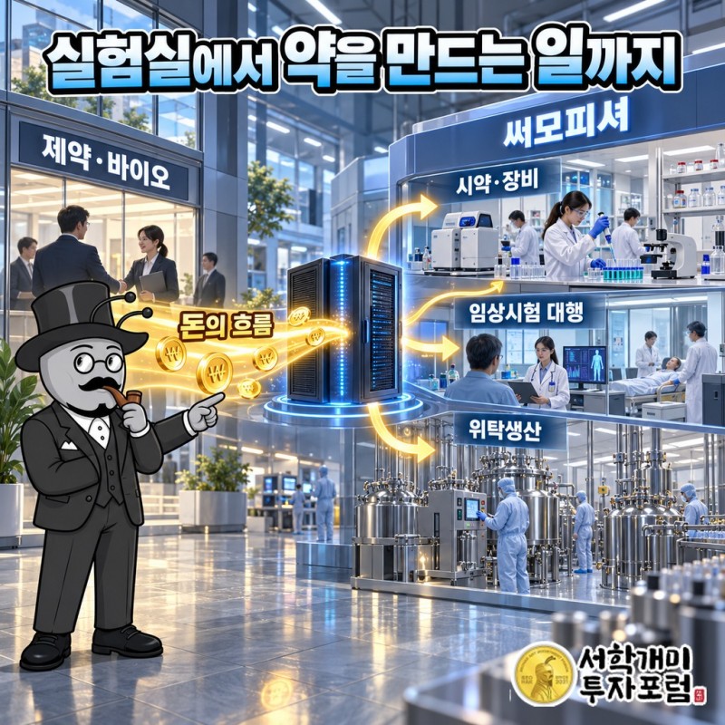제약·바이오 회사가 써모피셔에서 시약·장비, 임상시험 대행, 위탁생산을 사는 돈의 흐름 도식