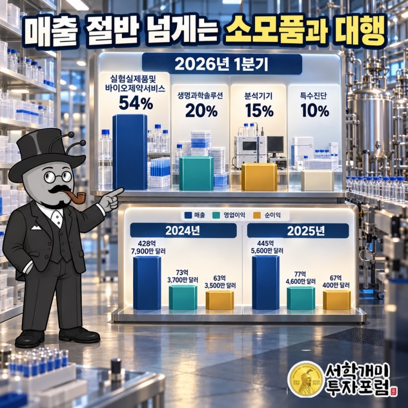 2026년 1분기 사업부별 매출 비중 실험실제품및바이오제약서비스 54%, 생명과학솔루션 20%, 분석기기 15%, 특수진단 10%