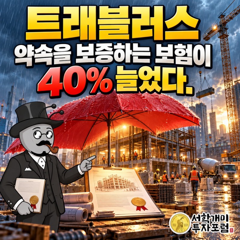 트래블러스 빨간 우산 아래 약속을 보증하는 보험이 40% 늘었다는 문구를 담은 표지