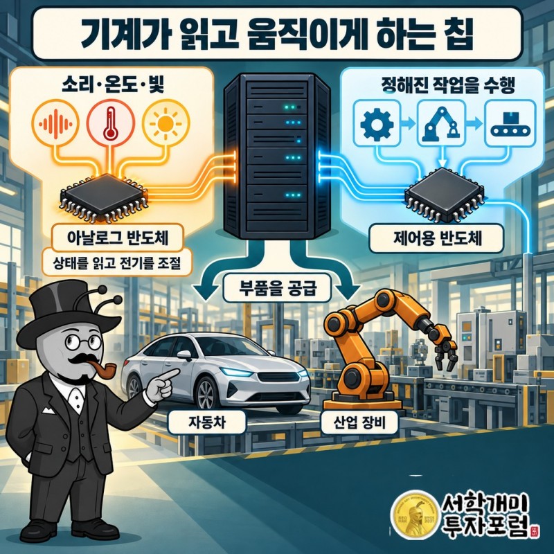 주변 상태를 읽는 아날로그 칩과 정해진 작업을 수행하는 제어용 칩을 자동차·산업 장비 제조사에 공급하는 구조