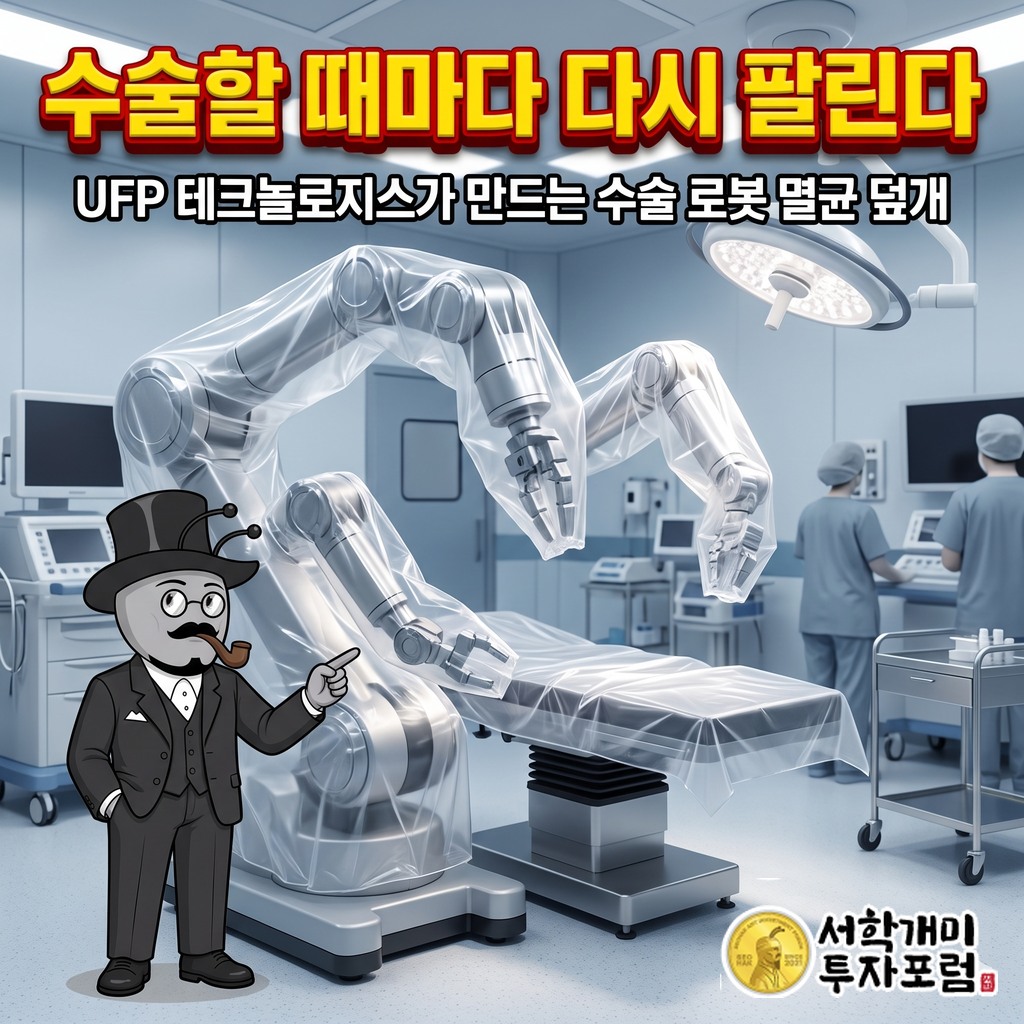 수술 로봇 팔에 얇은 멸균 덮개가 씌워진 수술실 장면과 UFP 테크놀로지스 제목 문구