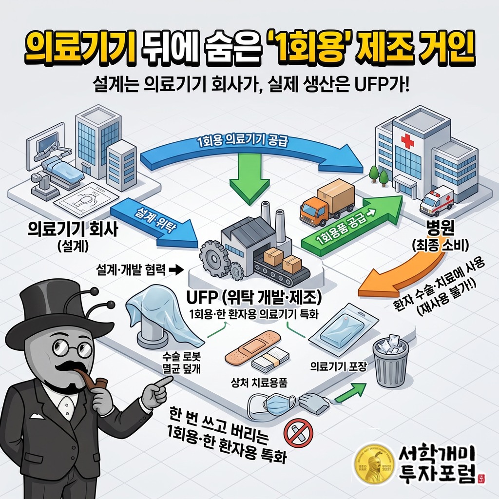 의료기기 회사가 UFP에 제조를 맡기고 병원이 그 제품을 사는 돈의 흐름 도식