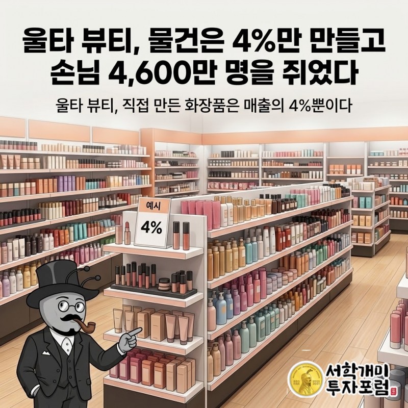 울타 뷰티 매장 선반에 여러 브랜드 화장품이 줄지어 놓인 장면과 