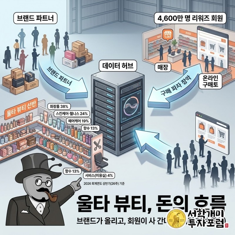 브랜드가 울타 선반에 상품을 올리고 4,600만 명 리워즈 회원이 매장과 온라인에서 사 가는 울타 뷰티의 돈 흐름 도식