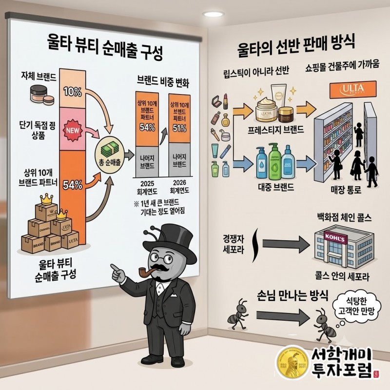 자체 브랜드 약 4%, 단기 독점 포함 약 11%, 상위 10개 브랜드 약 51%로 나뉜 울타 뷰티 순매출 구성