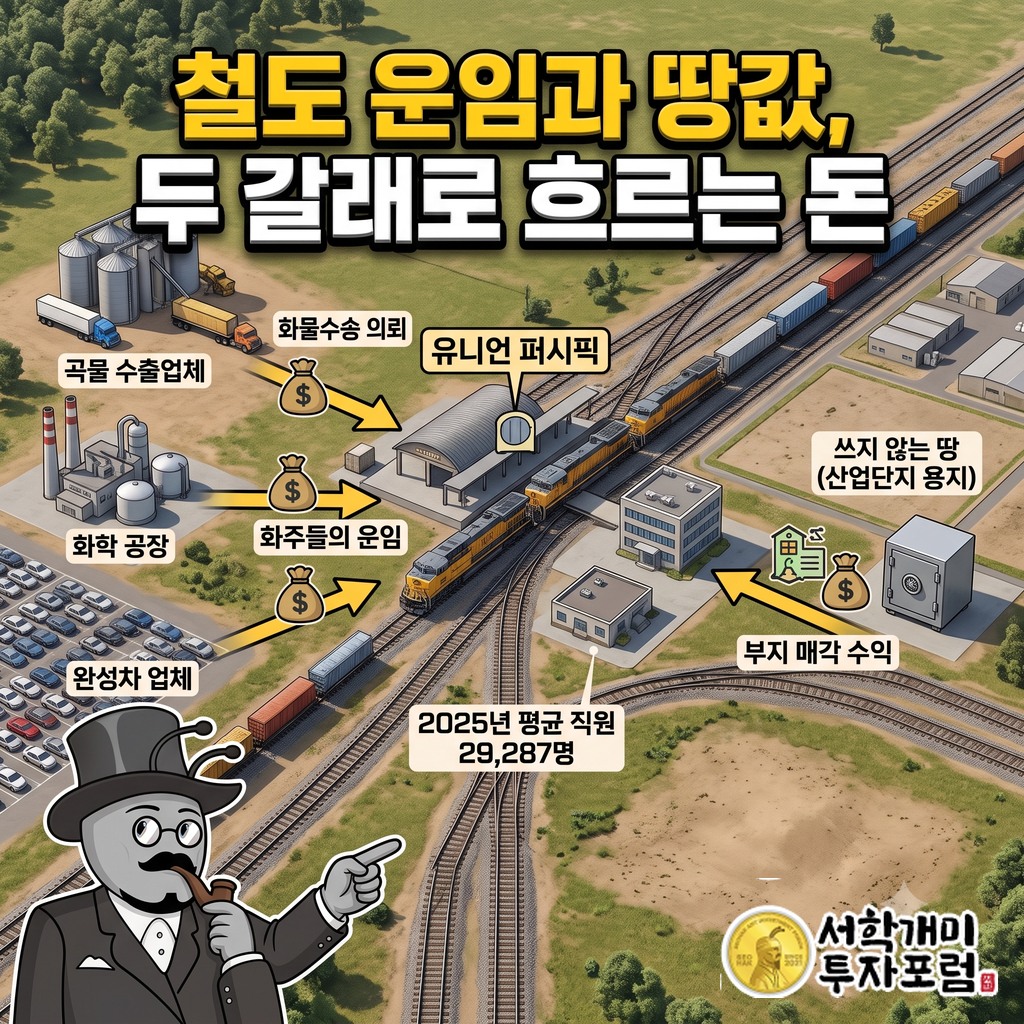 곡물 수출업체·화학 공장·완성차 업체가 유니언 퍼시픽 철도에 짐을 맡기고 운임을 내는 흐름과 부지 매각 수익이 따로 들어오는 구조