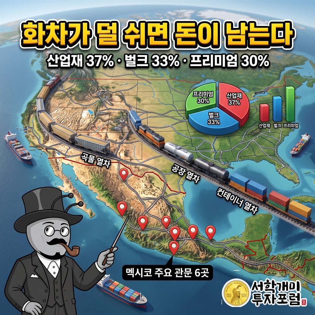 산업재 37%, 벌크 33%, 프리미엄 30%로 나뉜 화물 매출과 멕시코 주요 관문 6곳을 잇는 철도 지도