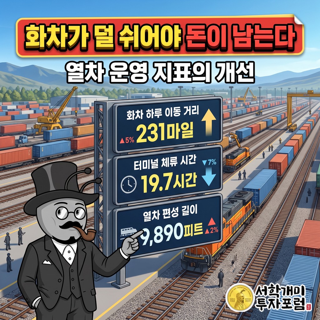화차 하루 이동 거리 231마일, 터미널 체류 19.7시간, 열차 길이 9,890피트로 나아진 운영 지표