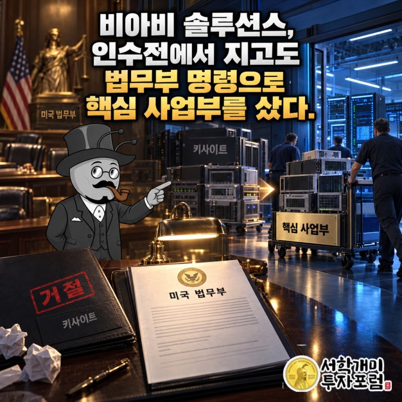 비아비 솔루션스가 인수전에서 진 뒤 미국 법무부 명령으로 경쟁사의 핵심 사업부를 넘겨받는 장면을 담은 커버