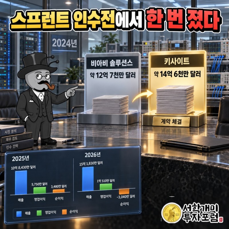 2024년 스프런트 인수전에서 비아비 약 12억 7천만 달러, 키사이트 약 14억 6천만 달러 제시를 나란히 비교한 도표