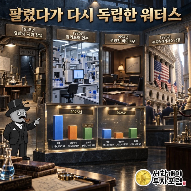 1958년 경찰서 지하 창업, 1980년 밀리포어 인수, 1994년 경영진 바이아웃 독립, 1995년 상장으로 이어진 워터스 연표