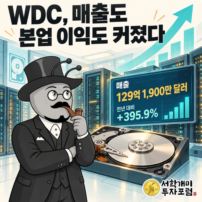 웨스턴 디지털의 저장장치와 데이터 보관 장면에 매출과 영업이익의 동반 증가를 담은 커버
