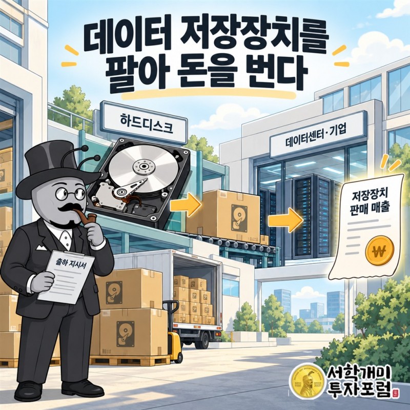 고객의 저장 수요가 저장장치 구매와 회사 매출로 이어지고 비용을 거쳐 영업이익이 남는 사업 구조