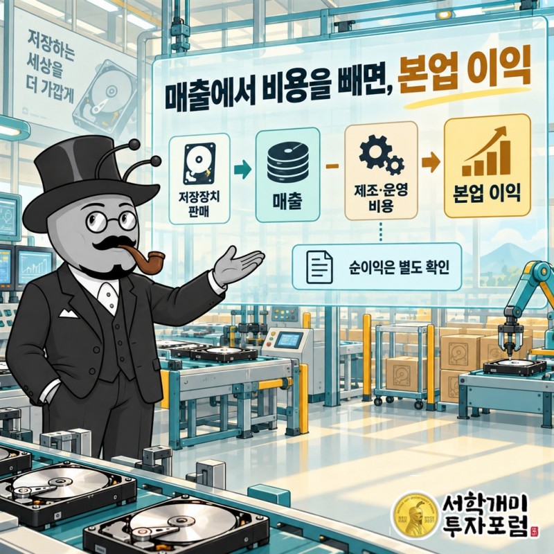 저장장치 판매로 벌어들인 매출과 본업에서 남긴 영업이익을 연결해 돈의 흐름을 설명하는 장면