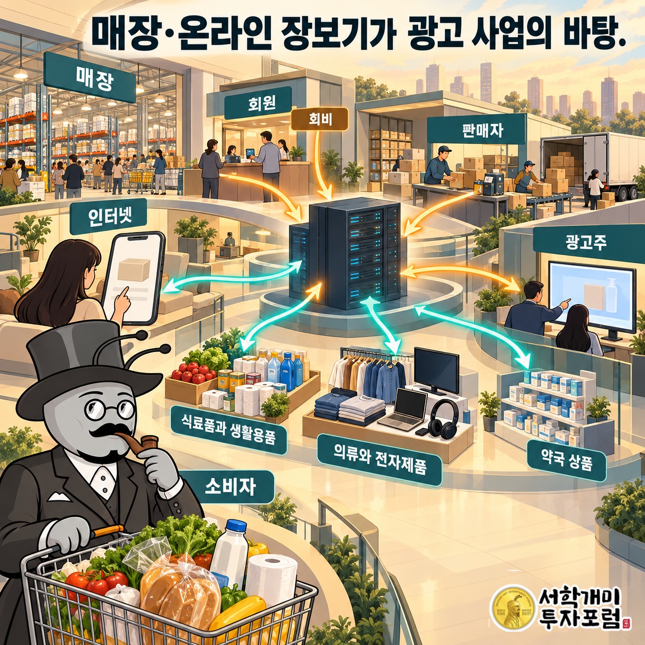 소비자가 상품을 사고 회원은 회비를 내며 판매자와 광고주도 서비스를 이용하는 월마트의 수입 구조