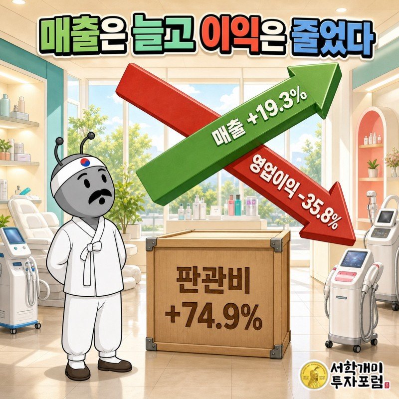원텍 매출 19.3퍼센트 상승 화살표와 영업이익 35.8퍼센트 하락 화살표가 엇갈리고 판관비 74.9퍼센트 증가 표지판이 선 커버