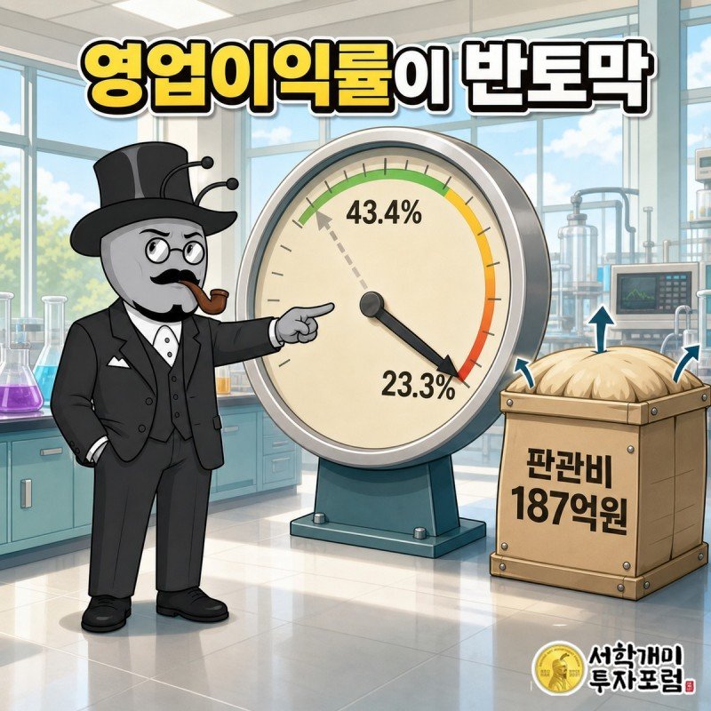 영업이익률이 43.4퍼센트에서 23.3퍼센트로 내려가는 계기판 옆에서 판관비 187억 9,200만원 상자가 커지는 장면