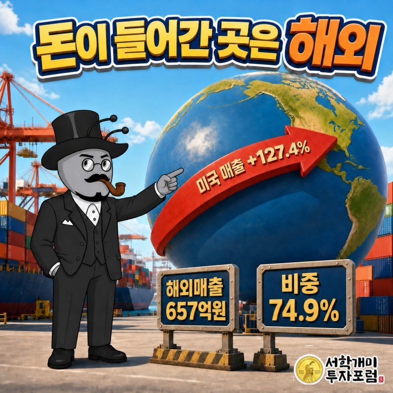 지구본 위 미국 방향으로 127.4퍼센트 화살표가 뻗고 해외매출 657억원 비중 74.9퍼센트 표지판이 선 항만 장면