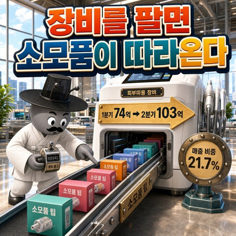 올리지오 RF 장비 44퍼센트, 레이저 31.4퍼센트, 소모품 팁 21.7퍼센트로 나뉜 매출 구성과 1분기 74억에서 2분기 103억으로 늘어난 팁 상자