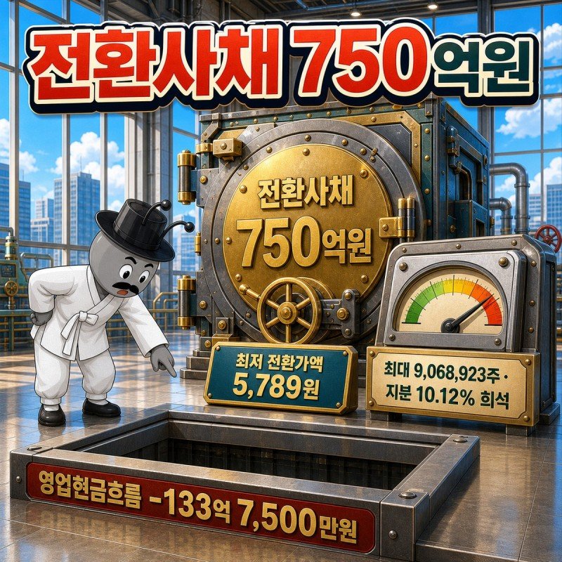 전환사채 750억원 금고와 최대 9,068,923주 10.12퍼센트 희석 계기판, 영업현금흐름 마이너스 133억 구멍이 있는 장면