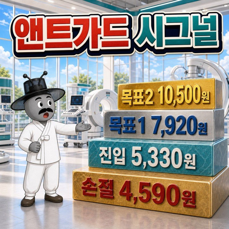 진입 5,330원, 손절 4,590원, 목표1 7,920원, 목표2 10,500원이 계단형으로 배치된 앤트가드 시그널 네 숫자