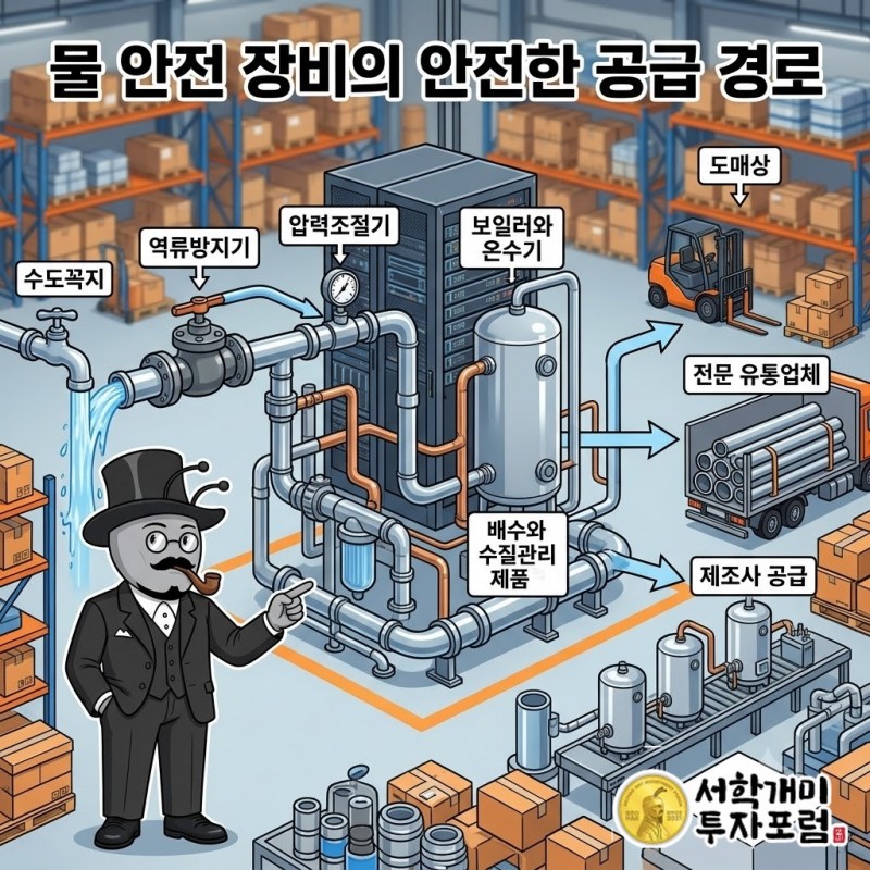 물 관리 장비가 도매상과 전문 유통업체, 온수기·보일러 제조사를 거쳐 공급되는 과정