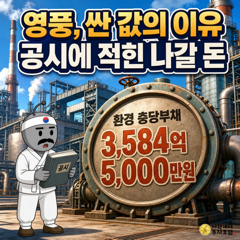 제련소 앞 대형 탱크에 환경 충당부채 3,584억 5,000만원이 새겨져 있고 공시 자료를 든 서민개미가 보는 영풍 커버