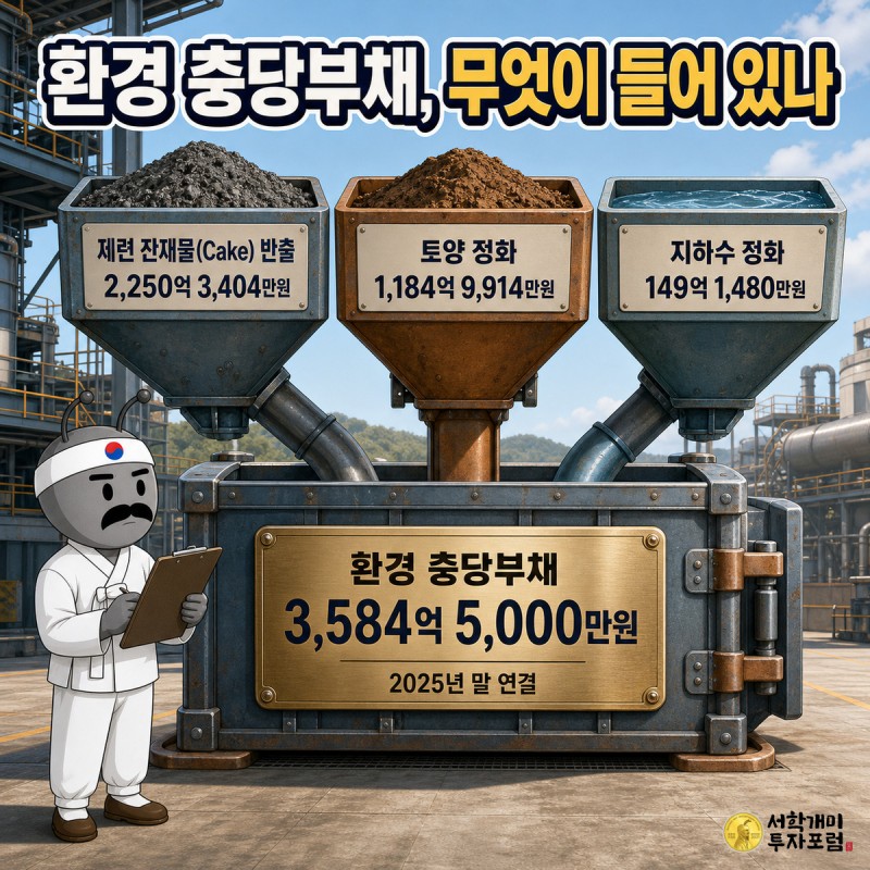 제련 잔재물 반출 2,250억 3,404만원, 토양 정화 1,184억 9,914만원, 지하수 정화 149억 1,480만원 세 호퍼가 환경 충당부채 3,584억 5,000만원 상자로 쏟아지는 장면