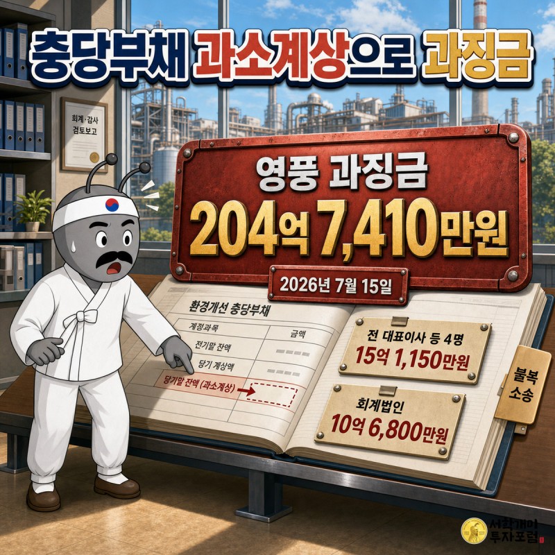 회계 장부의 환경개선 충당부채 당기말 잔액 항목이 붉게 표시되고 영풍 과징금 204억 7,410만원, 전 대표이사 등 4명 15억 1,150만원, 회계법인 10억 6,800만원 명패와 불복 소송 서류철이 놓인 장면