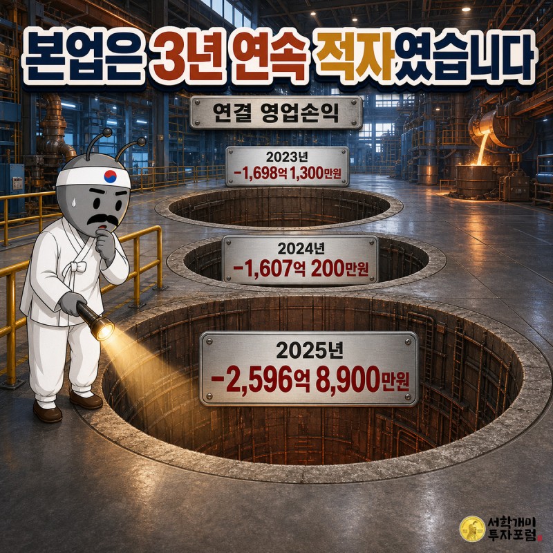 제련 공장 바닥에 뚫린 세 개의 구덩이에 2023년 -1,698억 1,300만원, 2024년 -1,607억 200만원, 2025년 -2,596억 8,900만원 표지판이 걸린 장면