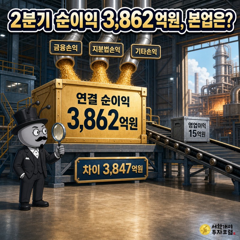 금융손익·지분법손익·기타손익 파이프에서 금가루가 쏟아져 연결 순이익 3,862억원 상자를 채우고, 옆 컨베이어에는 영업이익 15억원 작은 상자가 놓인 장면