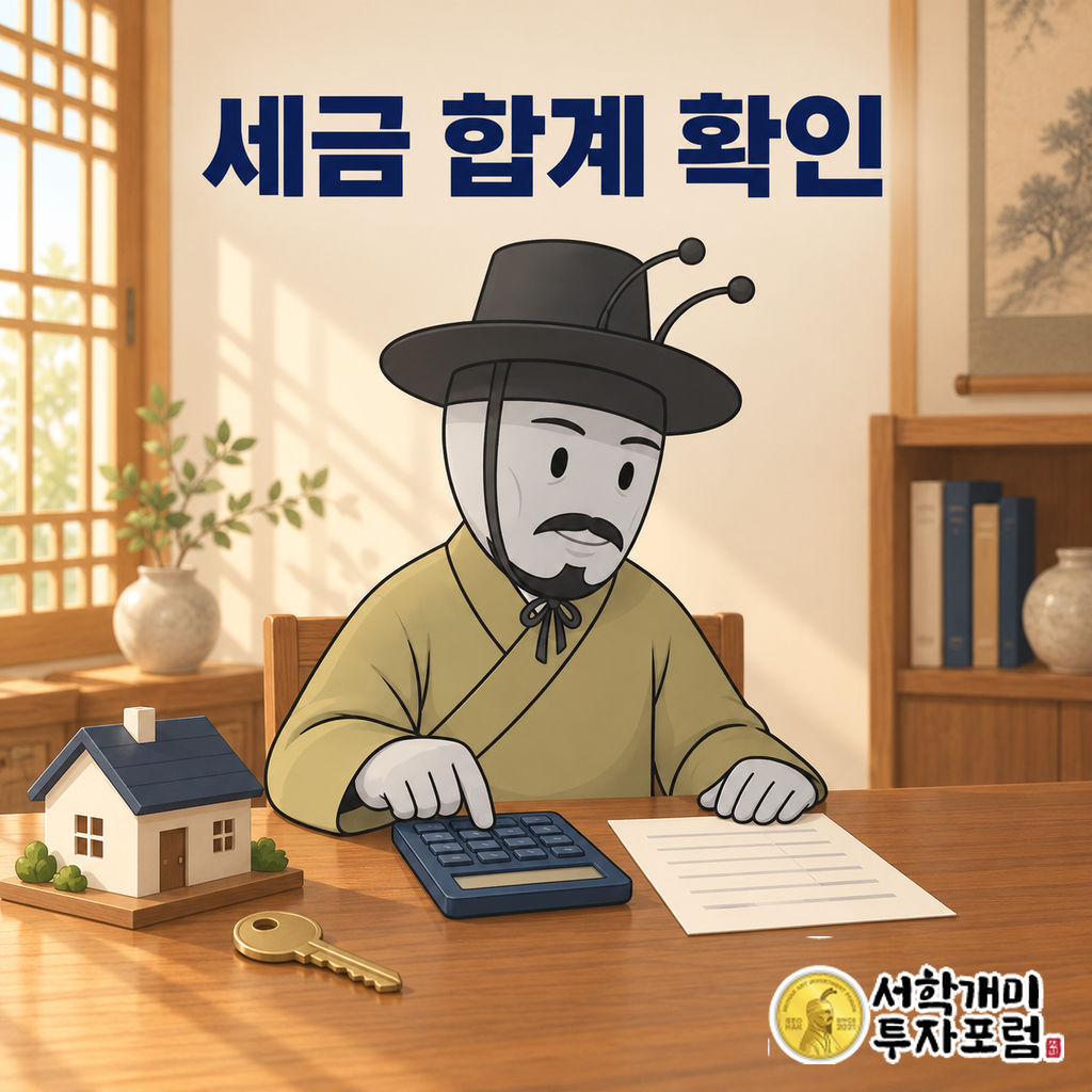 양반개미가 밝은 실내의 원목 책상에서 집 모형과 열쇠를 곁에 두고 계산기로 주택 취득 비용을 확인하는 장면