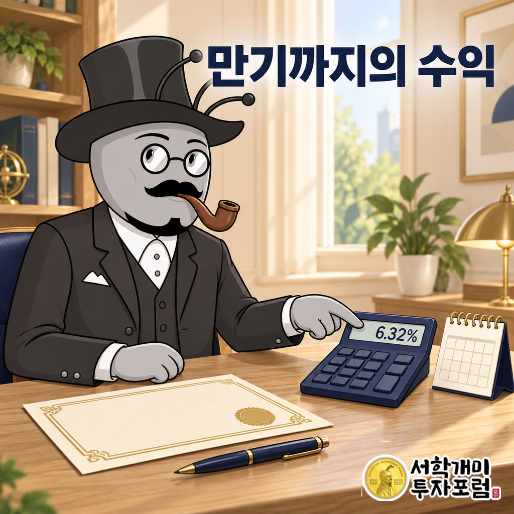 부자개미가 밝은 서재에서 채권 증서와 달력을 두고 계산기에 표시된 6.32%를 가리키는 장면