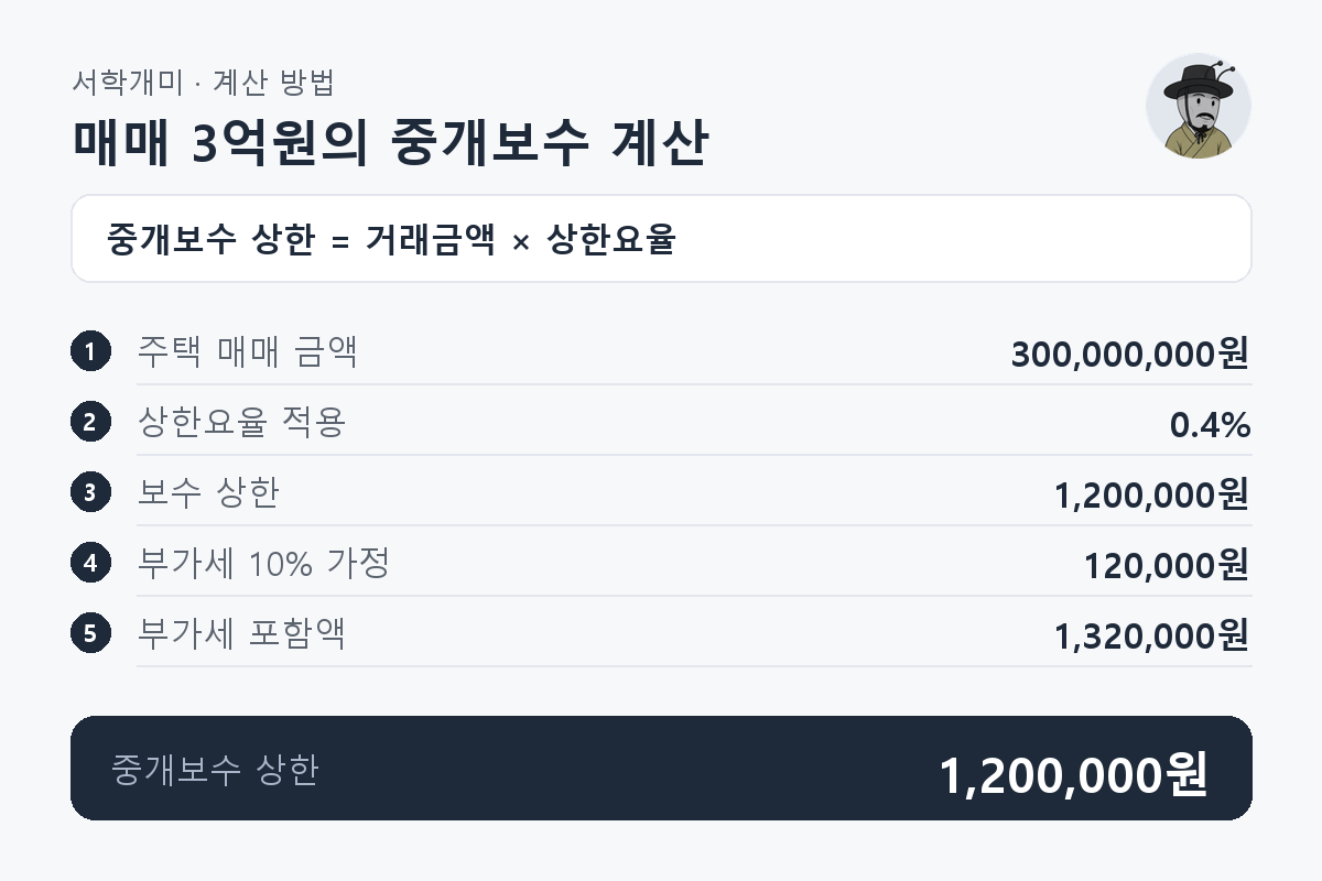 주택 매매 3억원에 상한요율 0.4%를 적용해 보수 1,200,000원과 부가세 포함액 1,320,000원을 구하는 과정