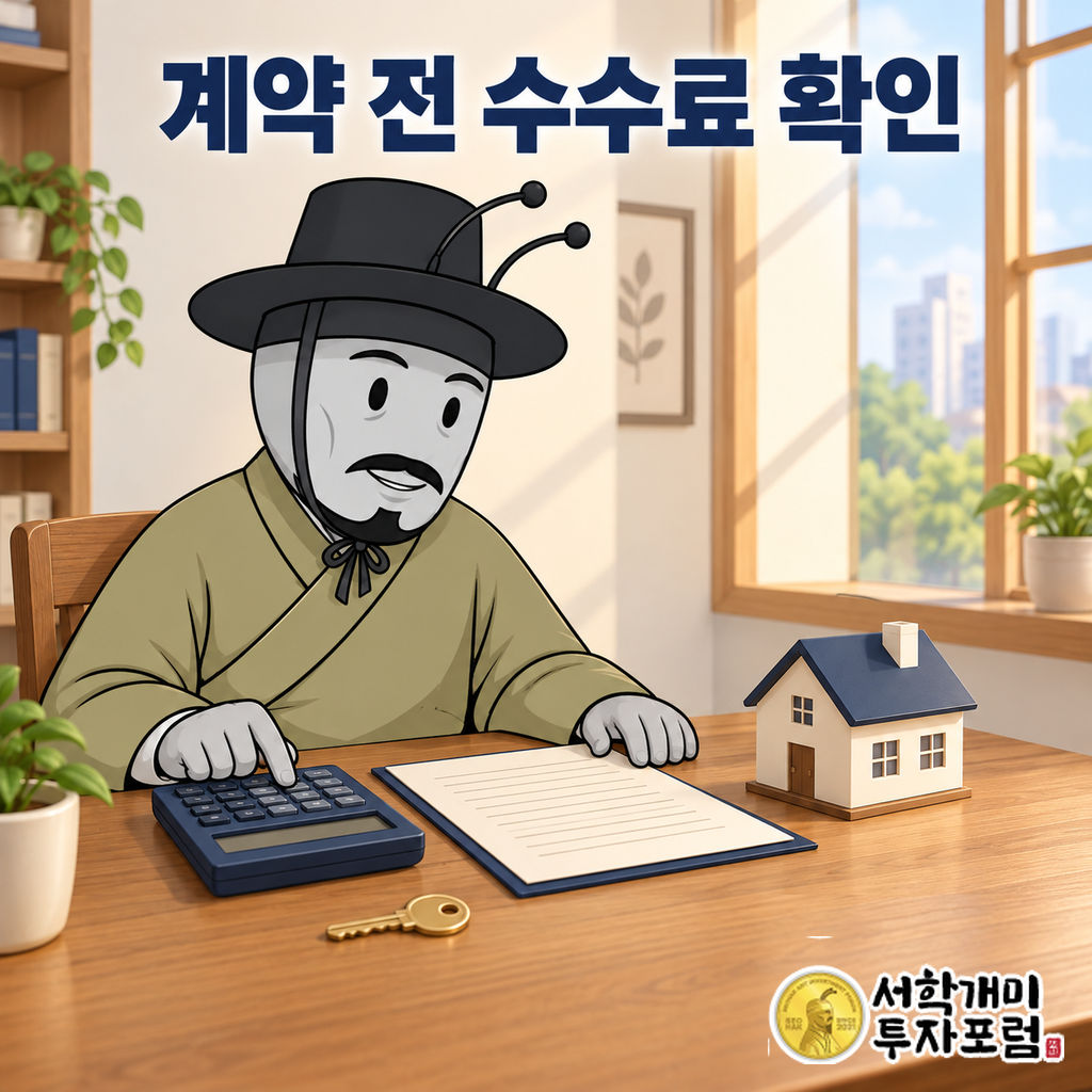 양반개미가 밝은 실내의 책상에서 집 모형과 계약서 옆 계산기를 누르며 계약 전 중개수수료를 확인하는 장면.