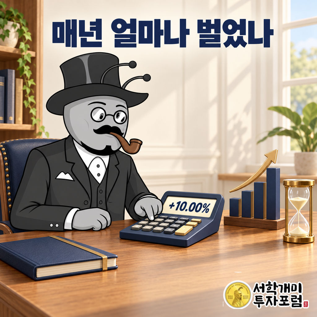 부자개미가 밝은 원목 책상에서 계산기의 연평균 수익률을 확인하고 성장 막대와 모래시계를 살펴보는 장면