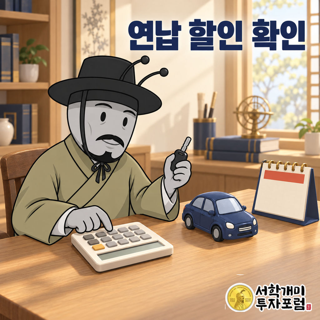 양반개미가 밝은 실내 책상에서 자동차 모형과 달력을 옆에 두고 계산기로 자동차세 연납 할인을 확인하는 장면