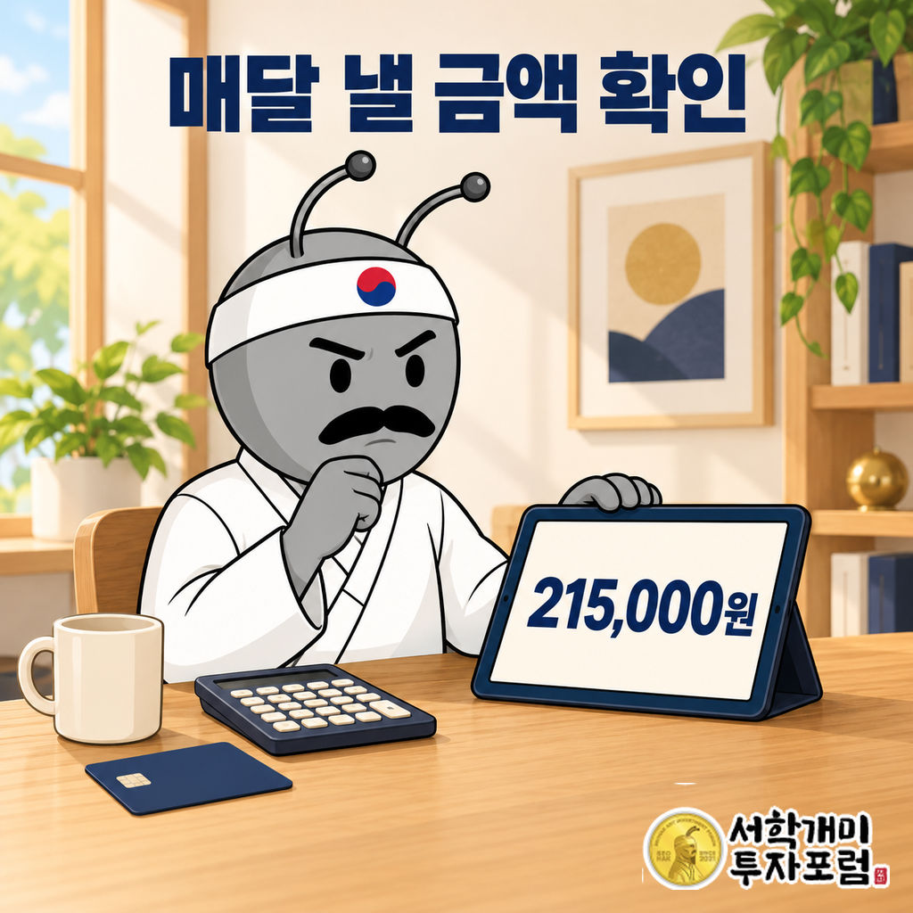 흰 한복을 입은 동학개미가 밝은 실내 책상에서 태블릿에 표시된 월 납부액 215,000원을 확인하는 장면