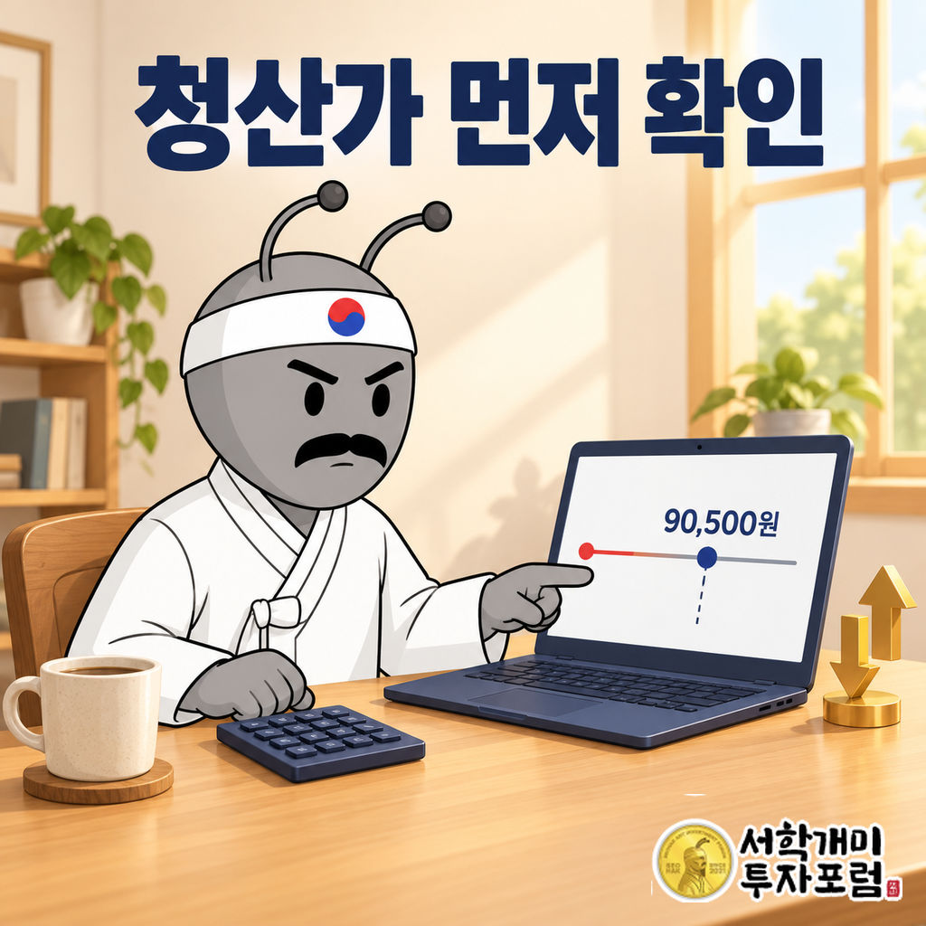 흰 한복을 입은 동학개미가 밝은 실내 책상에서 노트북의 예상 청산가 90,500원을 가리키며 확인하는 장면