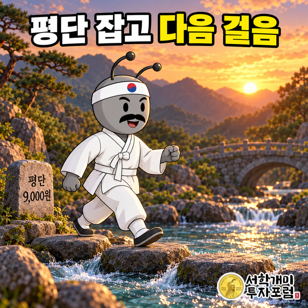 동학개미가 노을 진 계곡에서 평단 9,000.00원 표석을 지나 징검다리의 다음 돌로 발걸음을 옮기는 장면