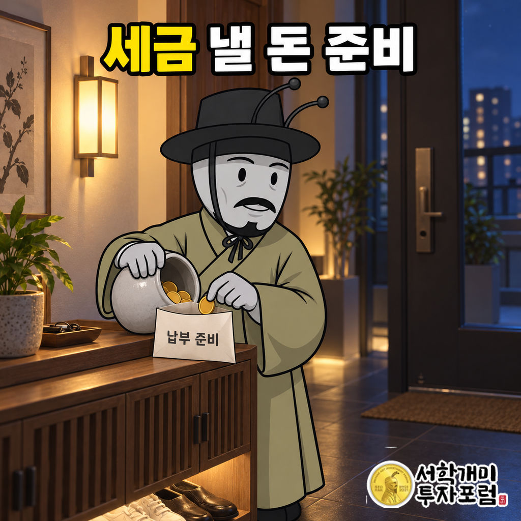 양반개미가 밤의 아파트 현관에서 저축 단지의 동전을 납부 준비 봉투에 옮기고 있다.