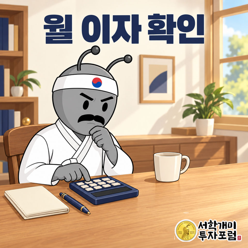 흰 한복을 입은 동학개미가 밝은 실내 책상에서 계산기를 누르며 마이너스통장 입력 기간 이자(기본 30일)를 살펴보는 장면