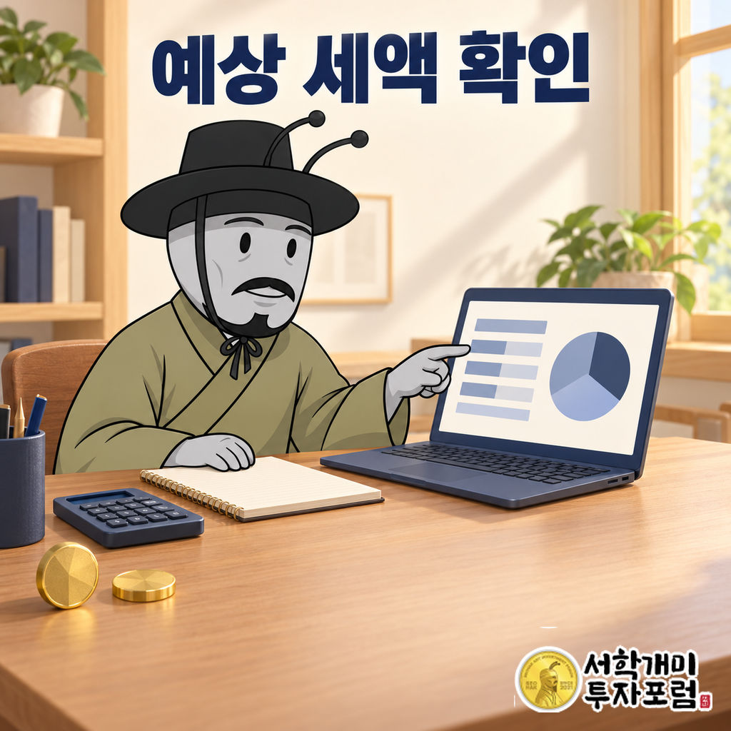 양반개미가 밝은 실내 책상에서 노트북의 계산 결과를 가리키며 가상자산 예상 세액을 확인하는 장면