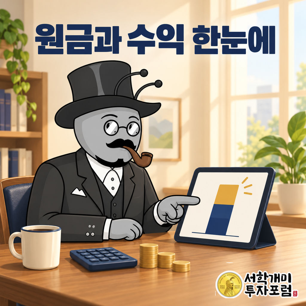부자개미가 밝은 실내 책상에서 태블릿의 원금과 수익 막대를 가리키며 적립식 투자 결과를 살펴보는 장면