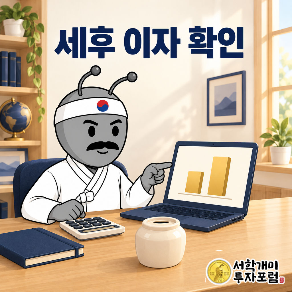 흰 한복을 입은 동학개미가 밝은 집 안 책상에서 노트북의 예금 만기 계산 결과를 확인하는 장면