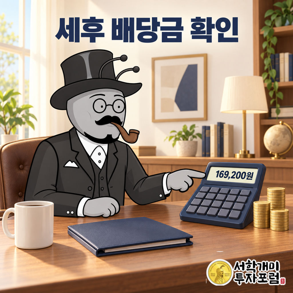 부자개미가 따뜻한 실내 책상에서 계산기에 표시된 세후 배당금 169,200원을 가리키며 확인하는 장면