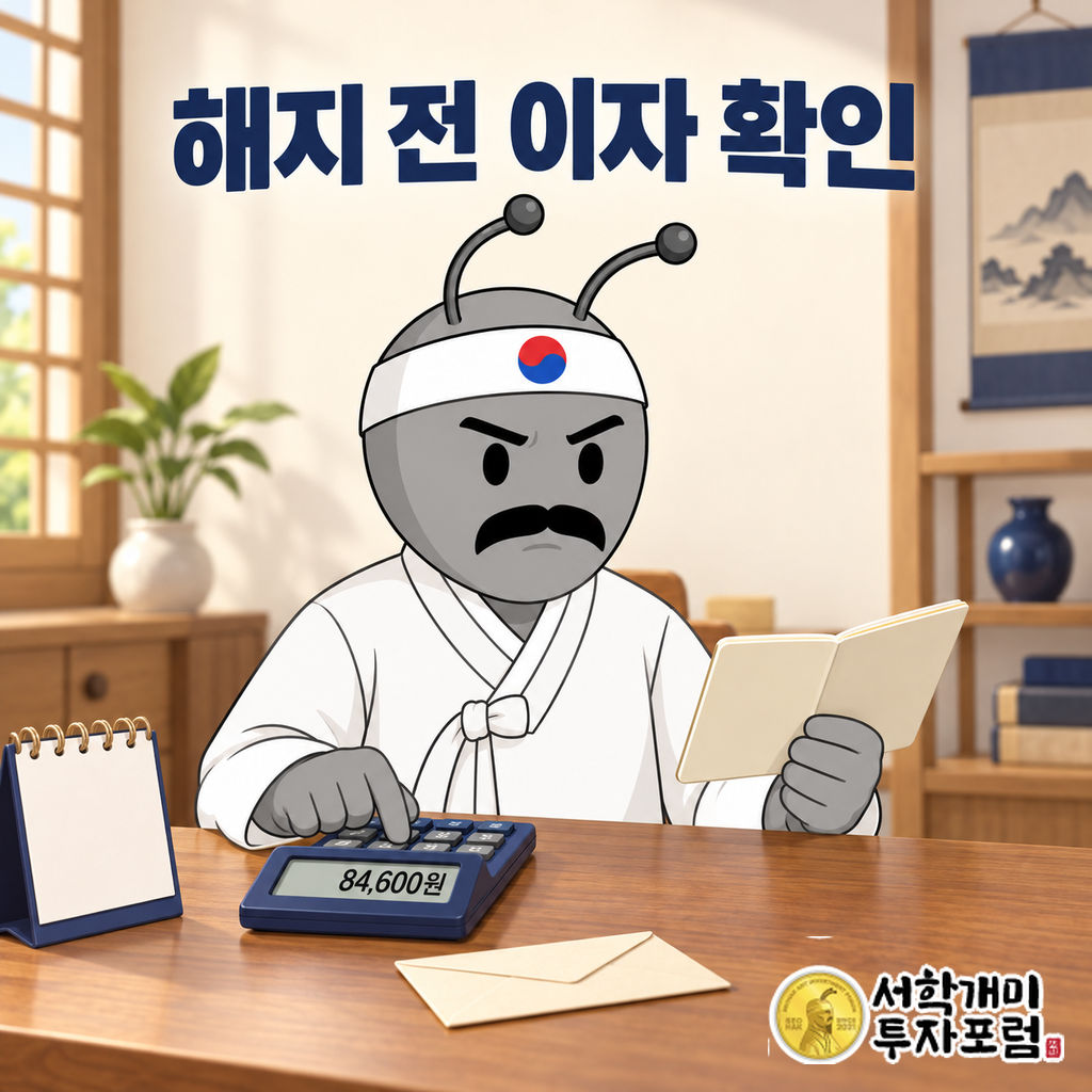 흰 한복과 태극 머리띠를 착용한 동학개미가 책상에서 통장을 들고 계산기로 예금 중도해지 이자를 확인하는 장면