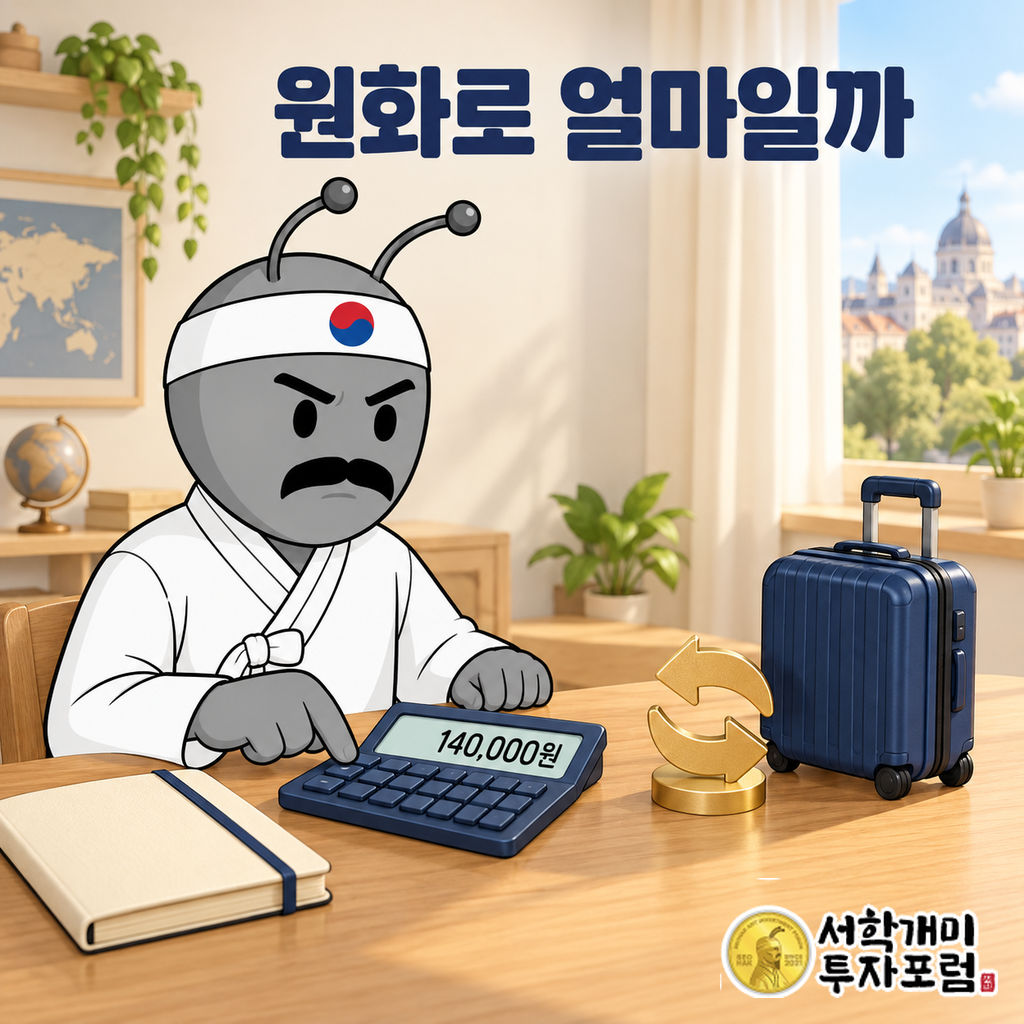 동학개미가 밝은 실내에서 여행 가방 옆 계산기를 눌러 원화 환산금액 140,000원을 확인하는 장면